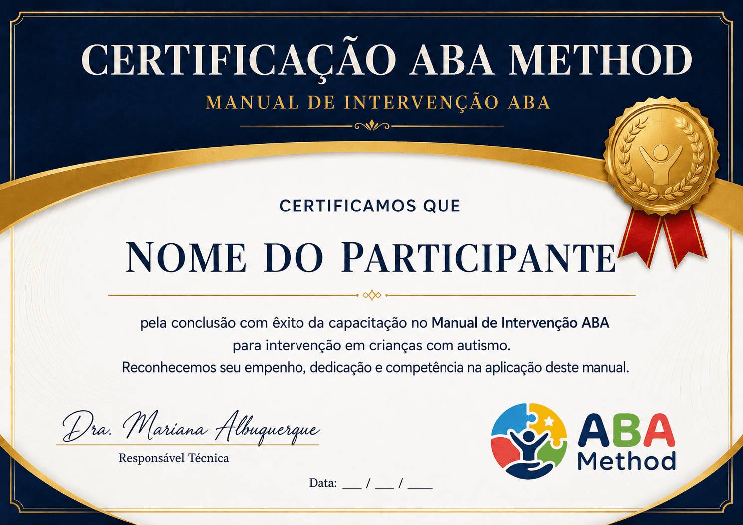 Certificado de conclusão do Manual de Intervenção ABA, emitido pela ABA Method